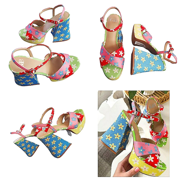 Gianni Bini Shoes - Flower Power Retro Yellow Blue Pink Rinestone Mob Wife Spring Platform Size 10